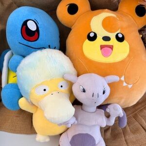 Lots of 4 Pokémon plush stuffed animals mew Squirtle Psyduck Teddiursa 8-13”